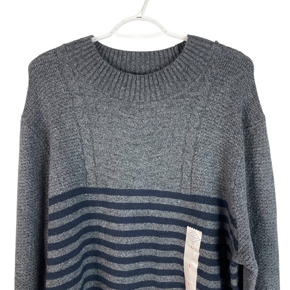 NEW St Johns Bay Mens Crewneck Sweater L Gray Blue Striped Cotton Blend Pullover